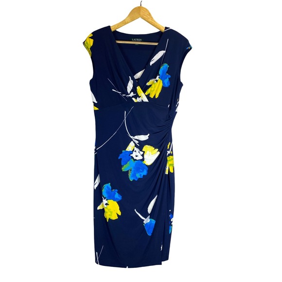 Lauren Ralph Lauren Dresses & Skirts - Lauren Ralph Lauren Floral Ruched Sheath‎ Dress Navy Classic Wrap Work Size 10